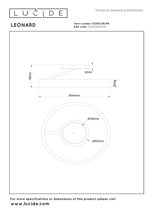 Lucide LEONARD - Plafonnière - Ø 54,5 cm - LED 3 StepDim - CCT - 1x35W 2200K/3000K - Koffie - Vibes - technisch